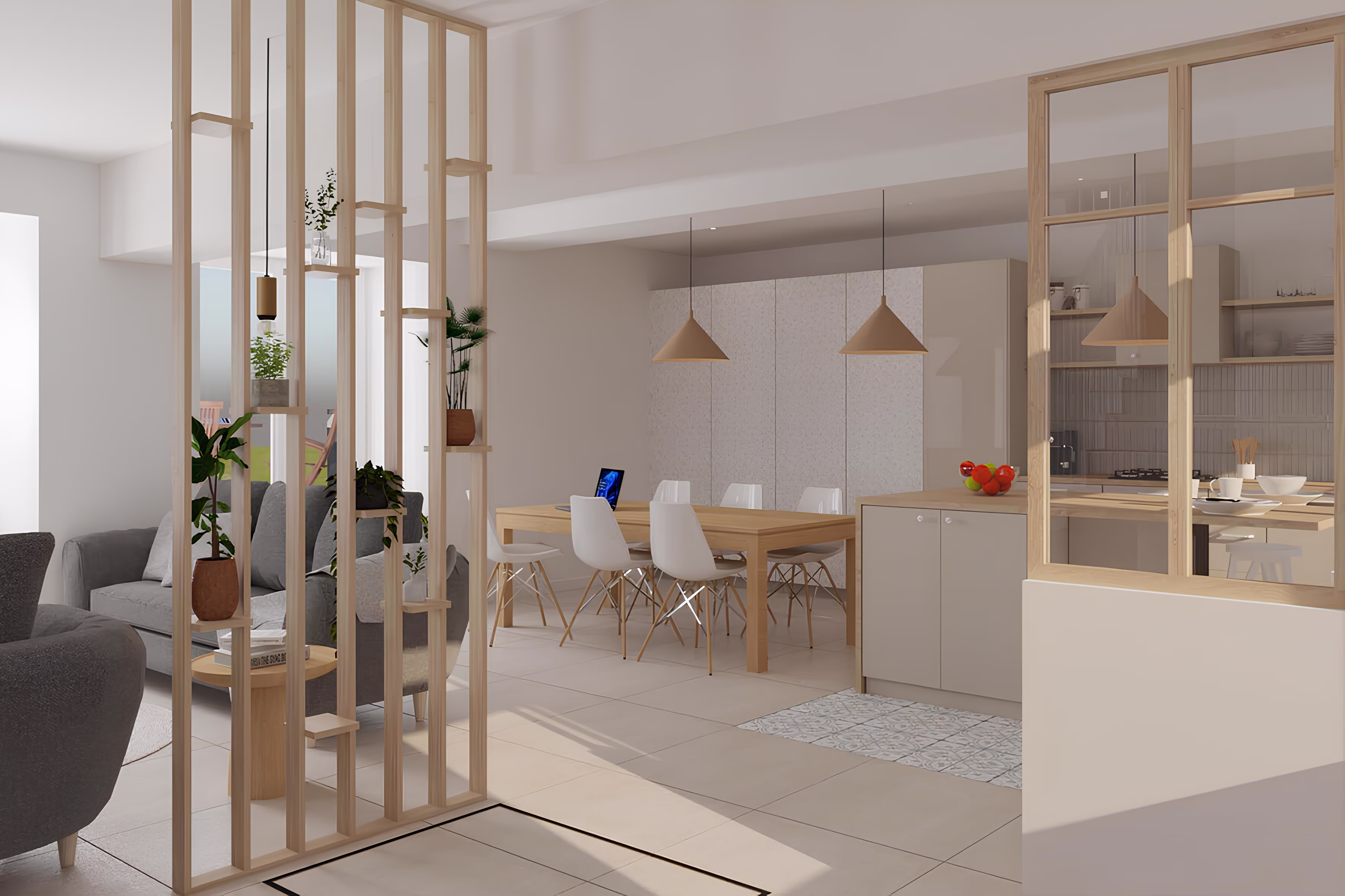 Vue intérieure depuis la cuisine ouverte vers l’espace salon-salle à manger, mettant en valeur l’aménagement fluide et lumineux, projet Corps de ferme La Basse par SINA Architecture.