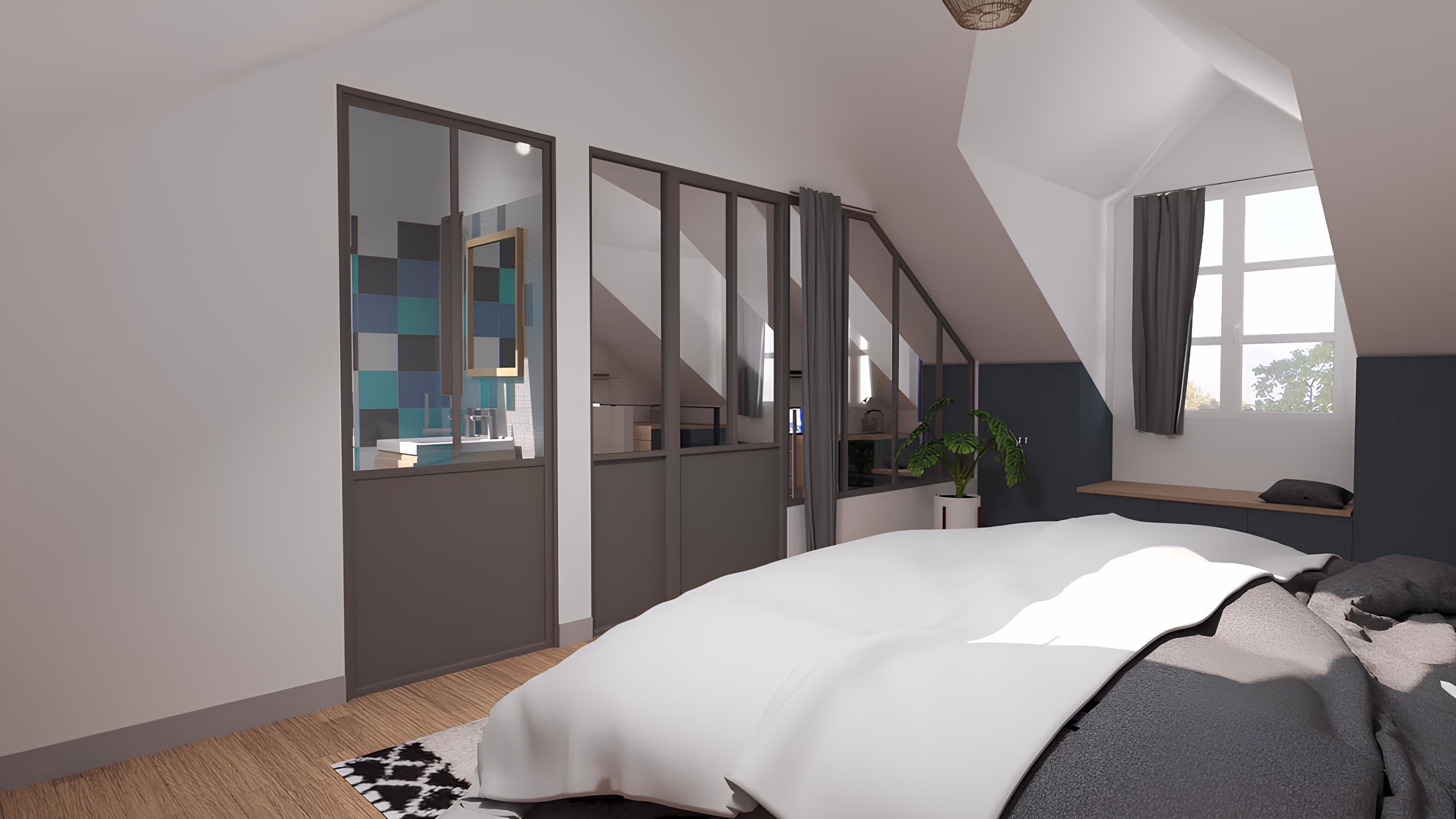 Plan 3D Chambre parentale et vue sur bureau grâce aux verrières, projet Surélévation de Géry par SINA Architecture